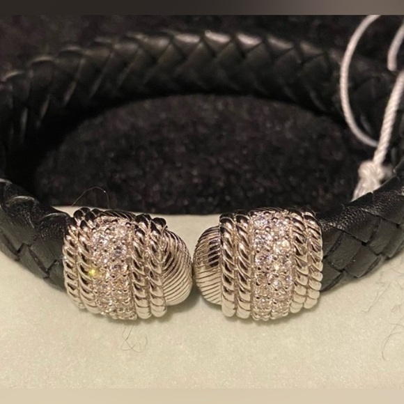 Judith Ripka Black leather braided Cuff with Diamond simulant uncaps. - Picture 1 of 5